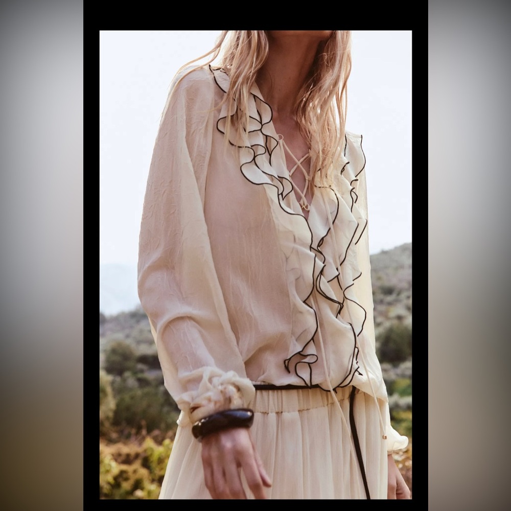Silky Ruffle V-Neck Long Sleeve Maxi Top - Cream - Picture 2 of 8